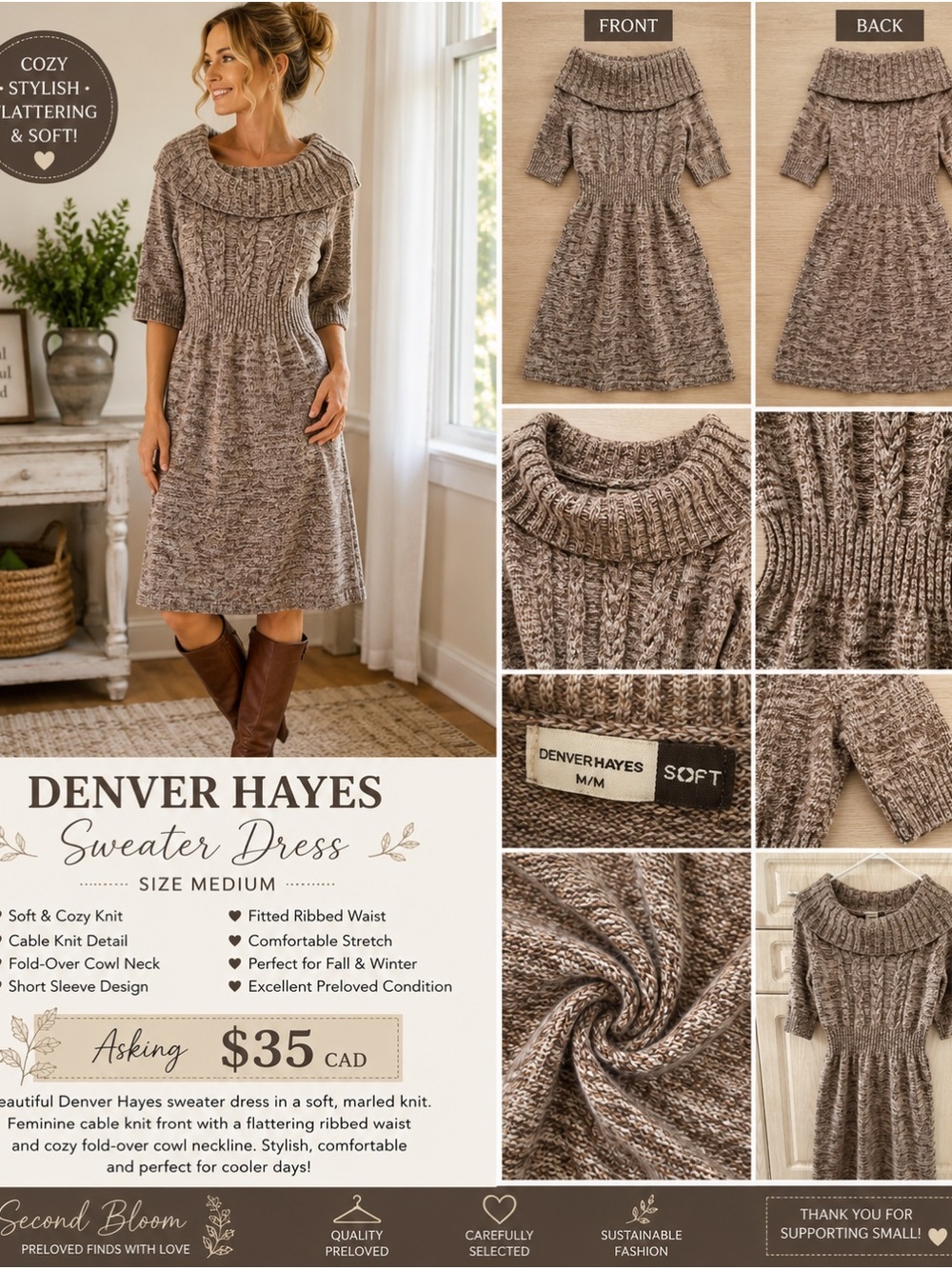 Denver Hayes Marled Taupe Cable-Knit Midi Sweater Dress